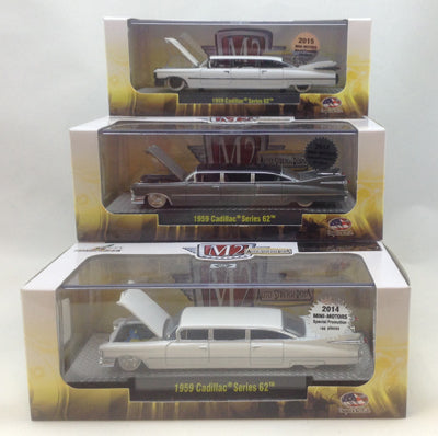 M2 Machines Stretch Rods EXCLUSIVE RELEASE - 1959 Cadillac Set - Charcoal Gray and BOTH Pearl White Stock/Drag Chases